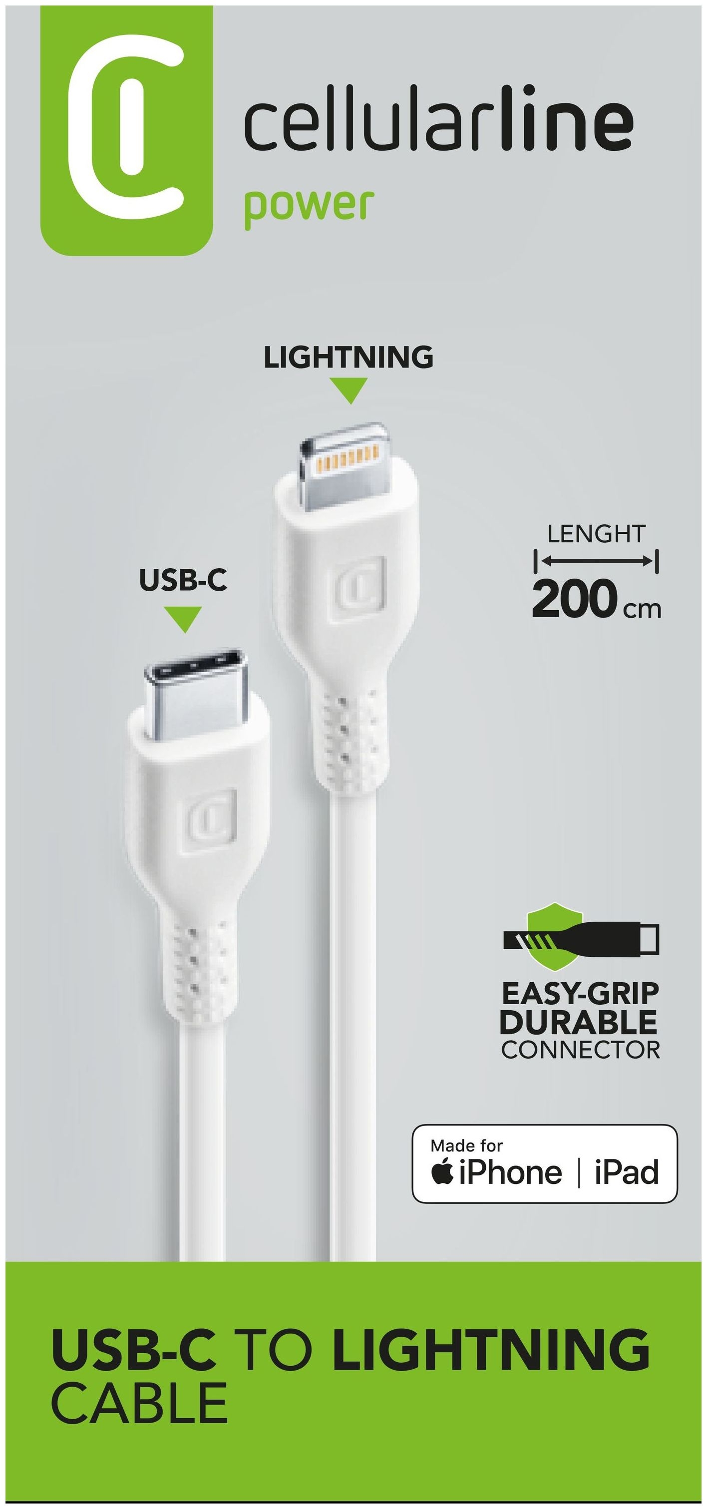CELLULARLINE USB CABLE 2M USB-C TO LIGHTNING WHITE