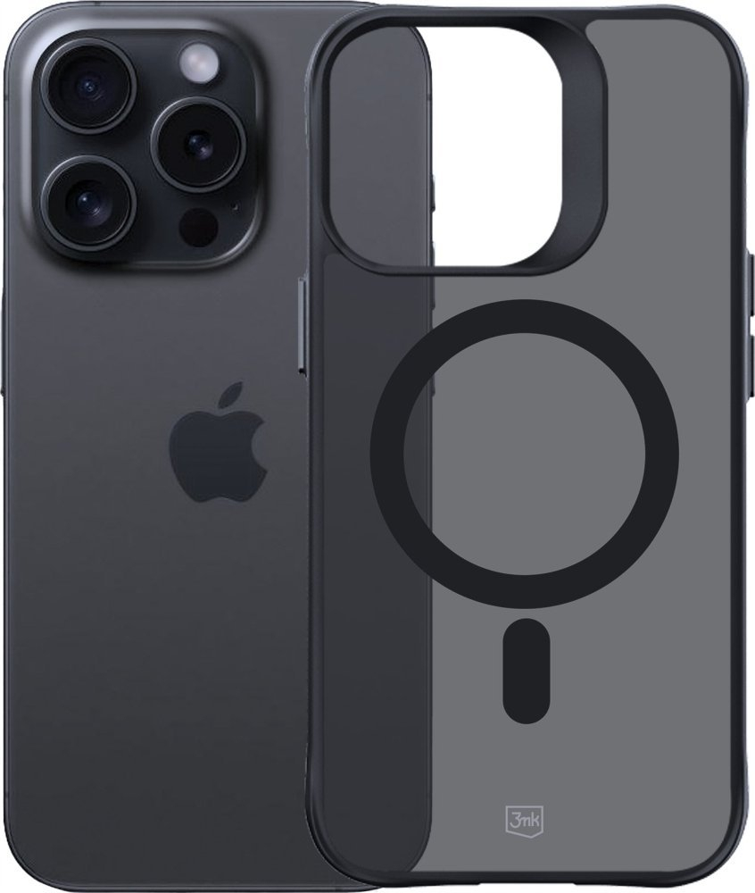 Kuti mbrojtëse 3mk Smoke MagCase për iPhone 15 Pro, MagSafe, gjysmë transparente, e zezë