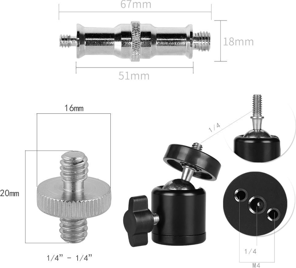 Set adapterësh foto video Mozos AMC, kokë me kugël 360°, vida 1/4" dhe 3/8", i zi