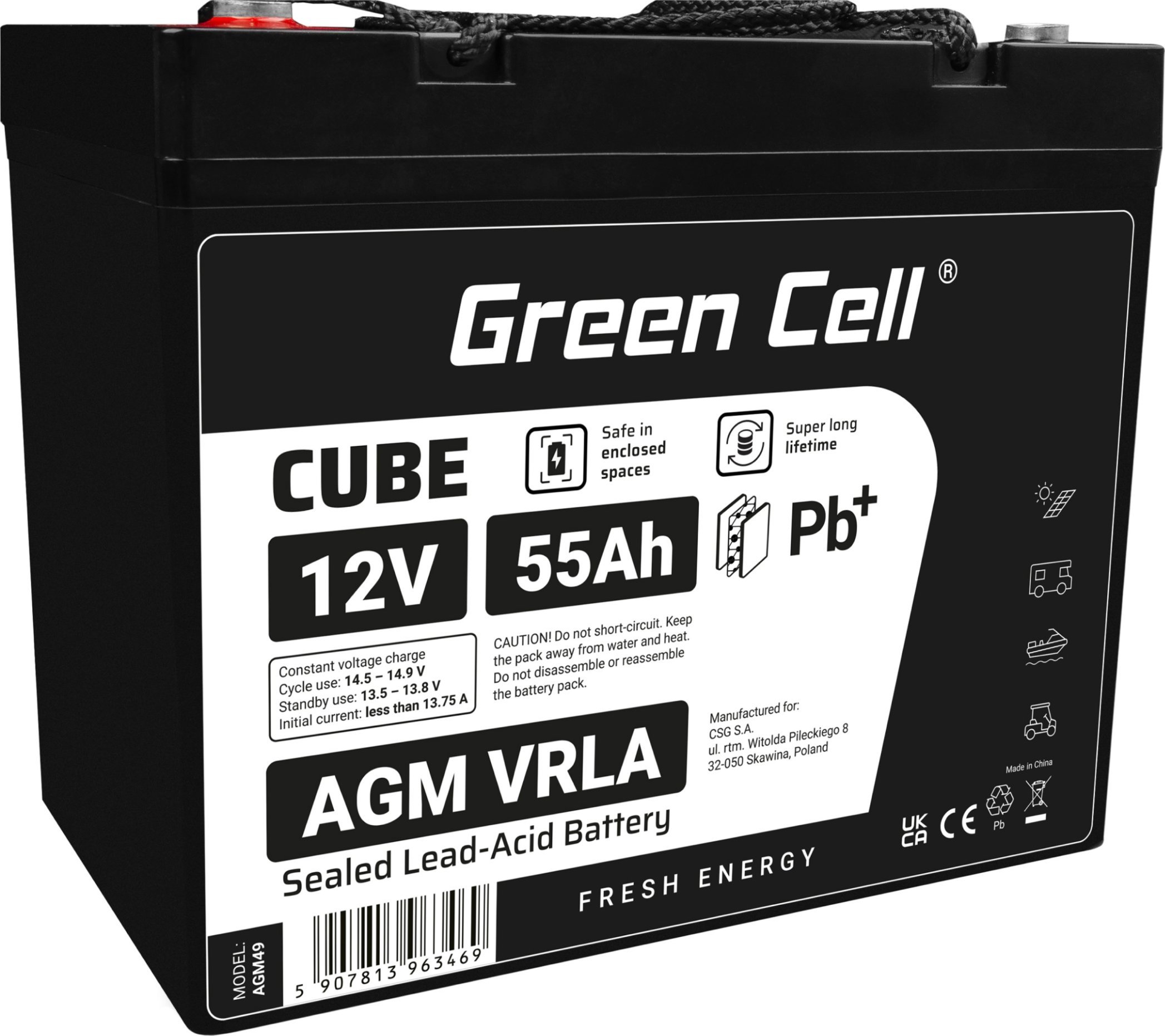 Батерија AGM Greencell 12V 55Ah, VRLA без одржување, IP54, црна