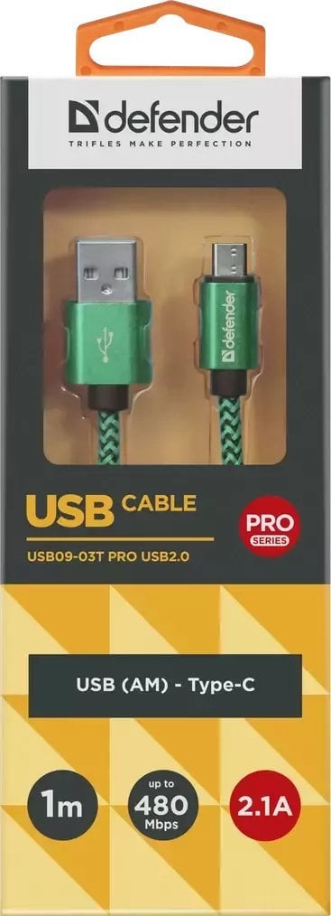 USB кабел Defender 87816, USB-A во USB-C, 1 m, зелен