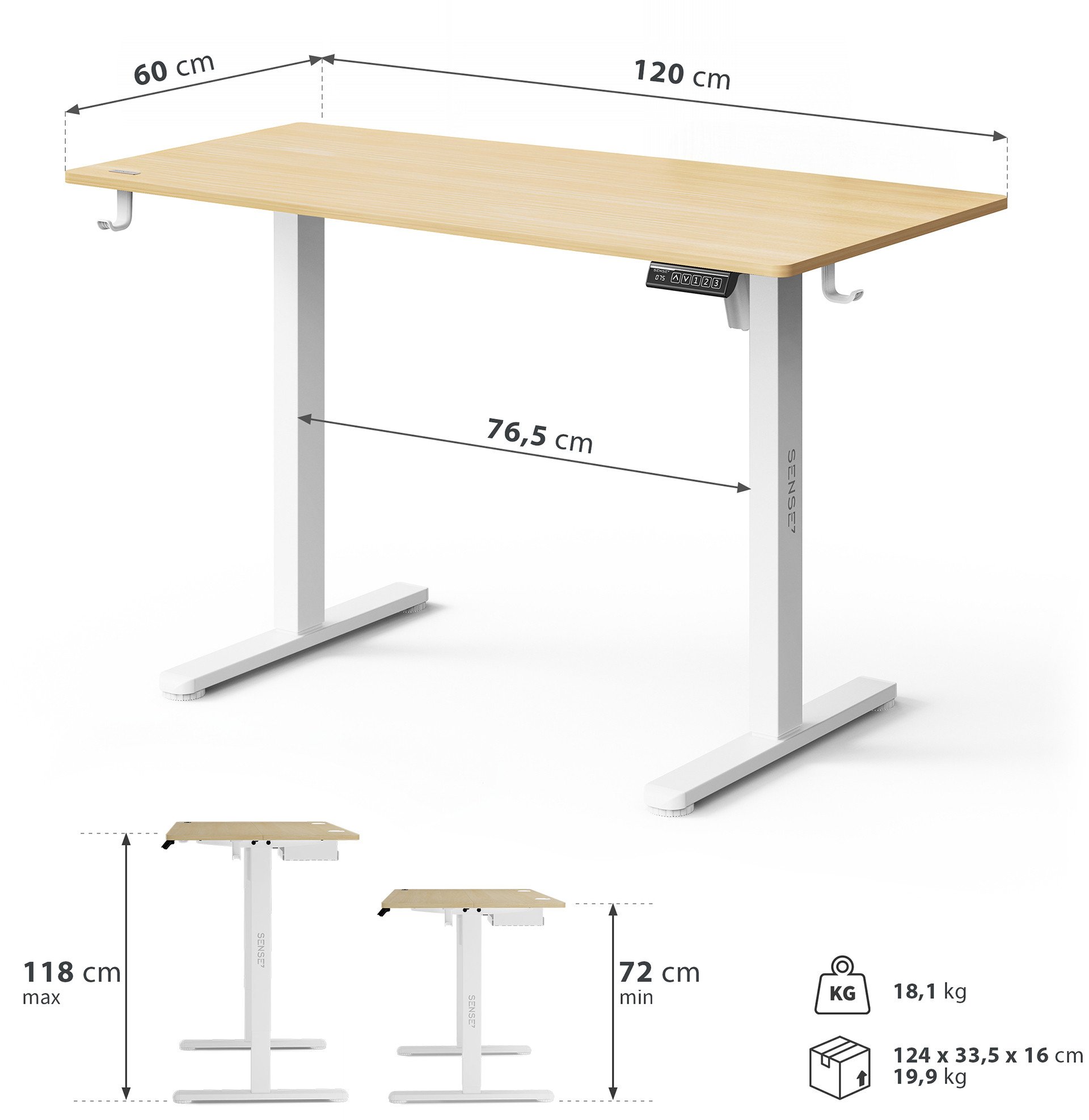 Tavolinë elektrike SENSE7 NOJO LIGHT, 120 cm x 60 cm, kafe e hapur / bardhë