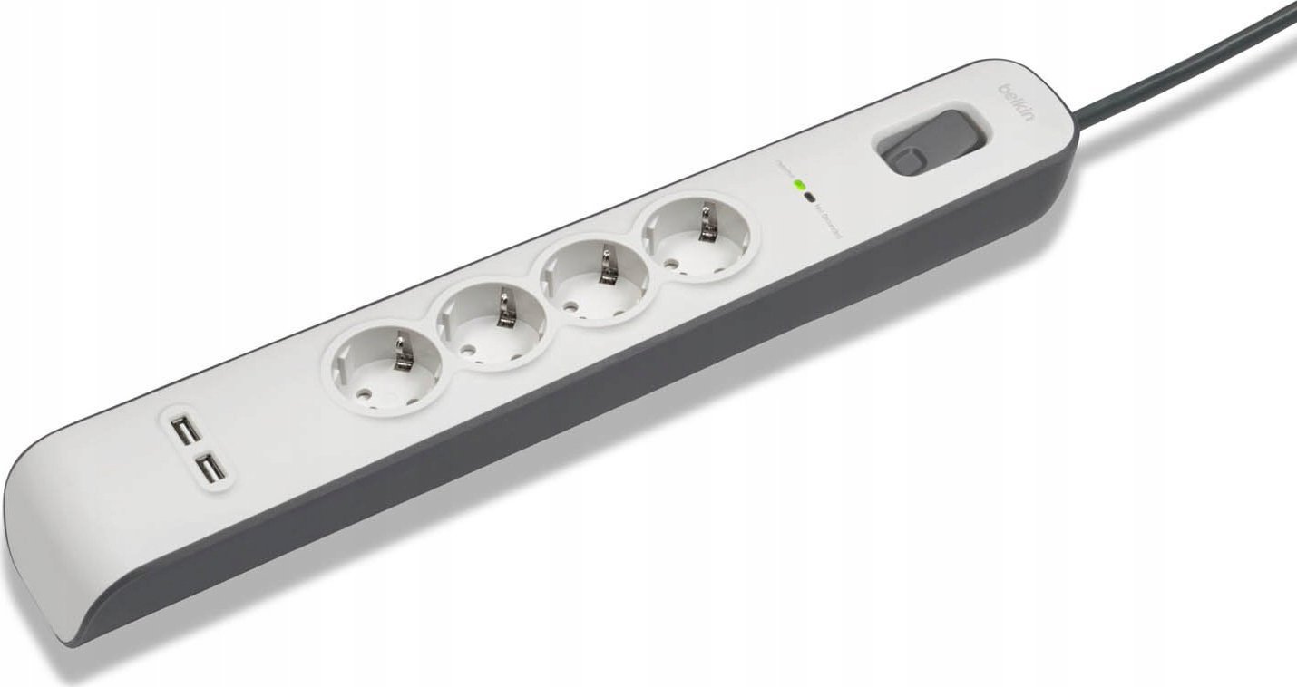 Продолжен приклучок Belkin Surge Protection, 4 излези, USB, кабел 2m, бела