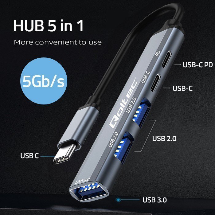 USB HUB Qoltec 5in1, USB C 3.1, PD, сива