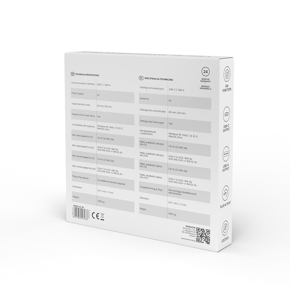 Disk optik i jashtëm SAVIO AK-59, CD/DVD R/RW, USB-C/USB-A