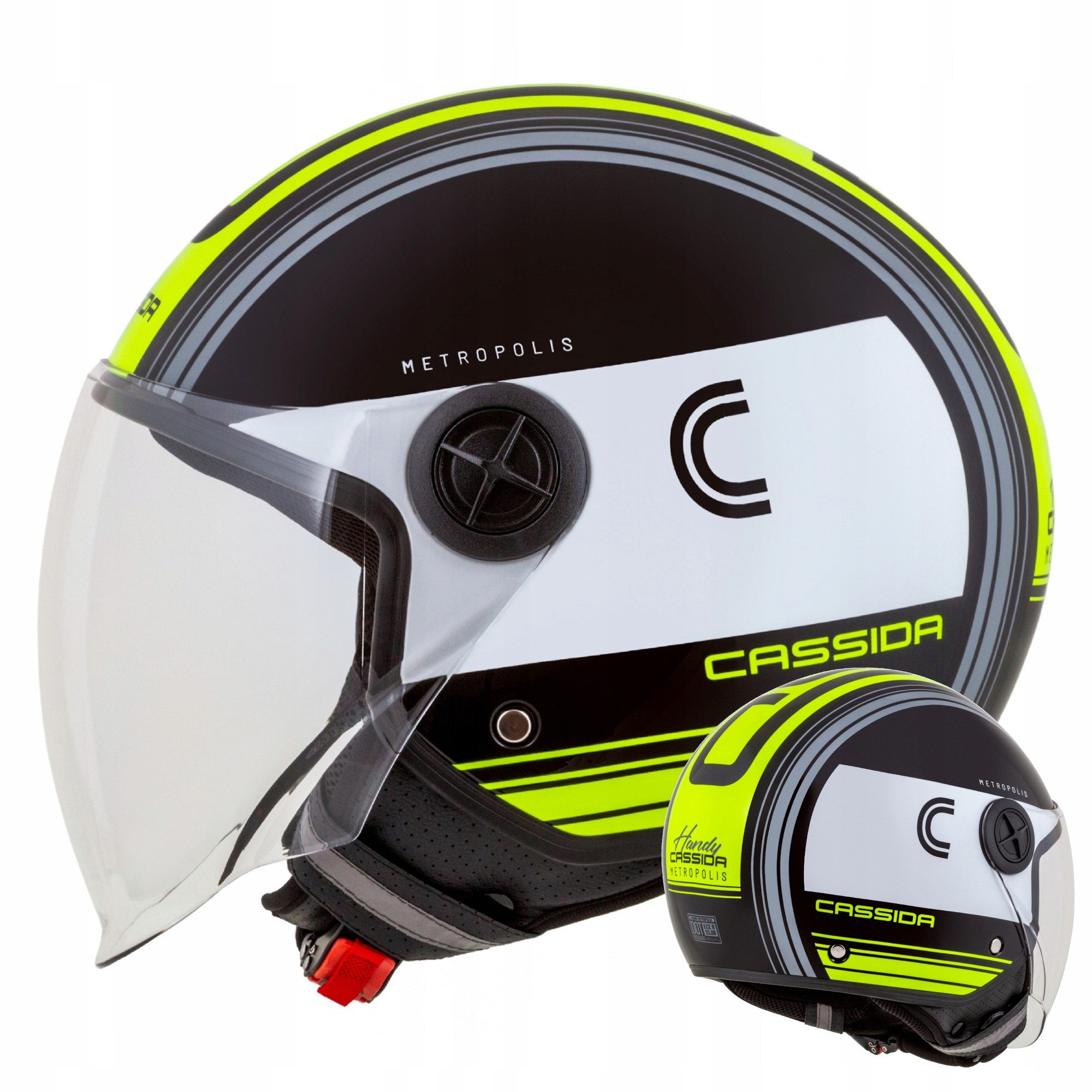 Helmeta moto Cassida Handy Metropolis 4 in 1, madhësia S, ECE 22.06 DOT, bardhë zi verdhë gri