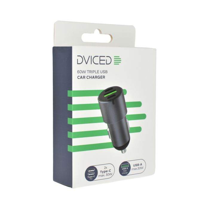 Dviced Car Charger 60W 1 USB-A, 2 USB-C, Gray