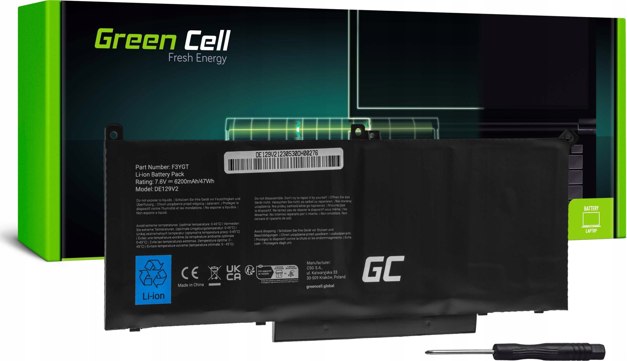 Bateri laptopi Green Cell F3YGT DE129V2, 7.6V, 6200mAh, e zezë