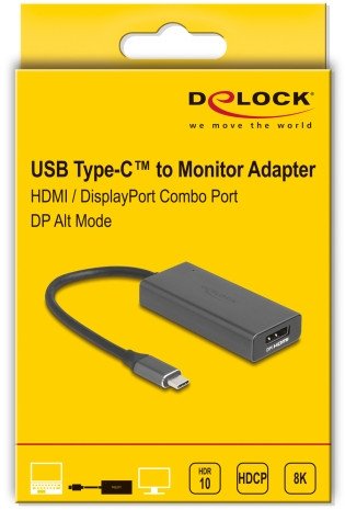 Adapter video Delock USB Type C në HDMI DisplayPort, 8K, 16cm, gri