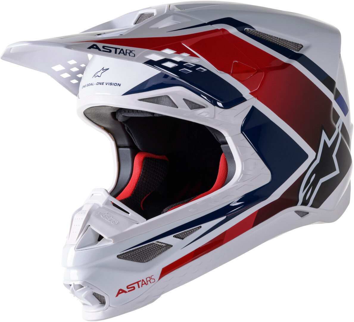 Helmetë motocross Alpinestars Supertech M10 Meta 2, madhësia XL, e bardhë kuqe blu