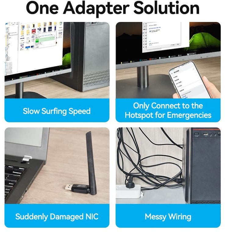 Adapter Wi-Fi USB Vention AC650 Dual Band, antenë high gain, i zi