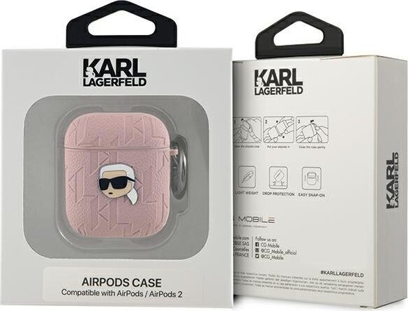 Kuti mbrojtëse Karl Lagerfeld PU Embossed Karl Head për AirPods 1/2, me karabinë, rozë