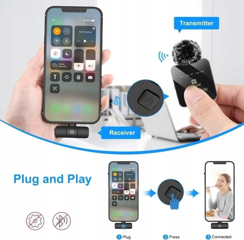 Безжичен микрофон Puluz Pu648B, 2x лавалиер, USB Type C, црн