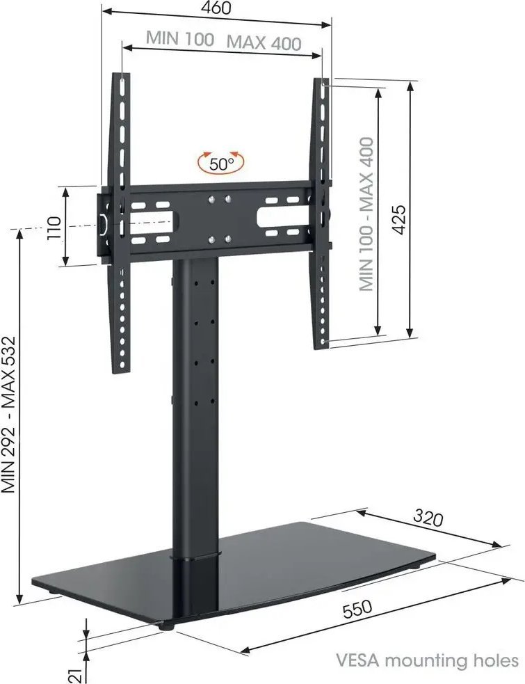 Qëndrim dyshemeje për TV Vogel's MS 3085, 32-65", rrotullim 50°, i zi