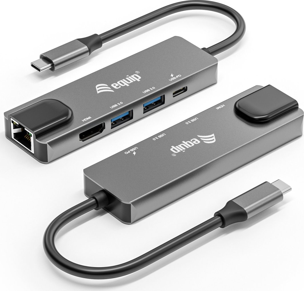 Adaptor USB C Equip 133489 5 në 1, HDMI, Gigabit LAN, 100W USB PD, gri