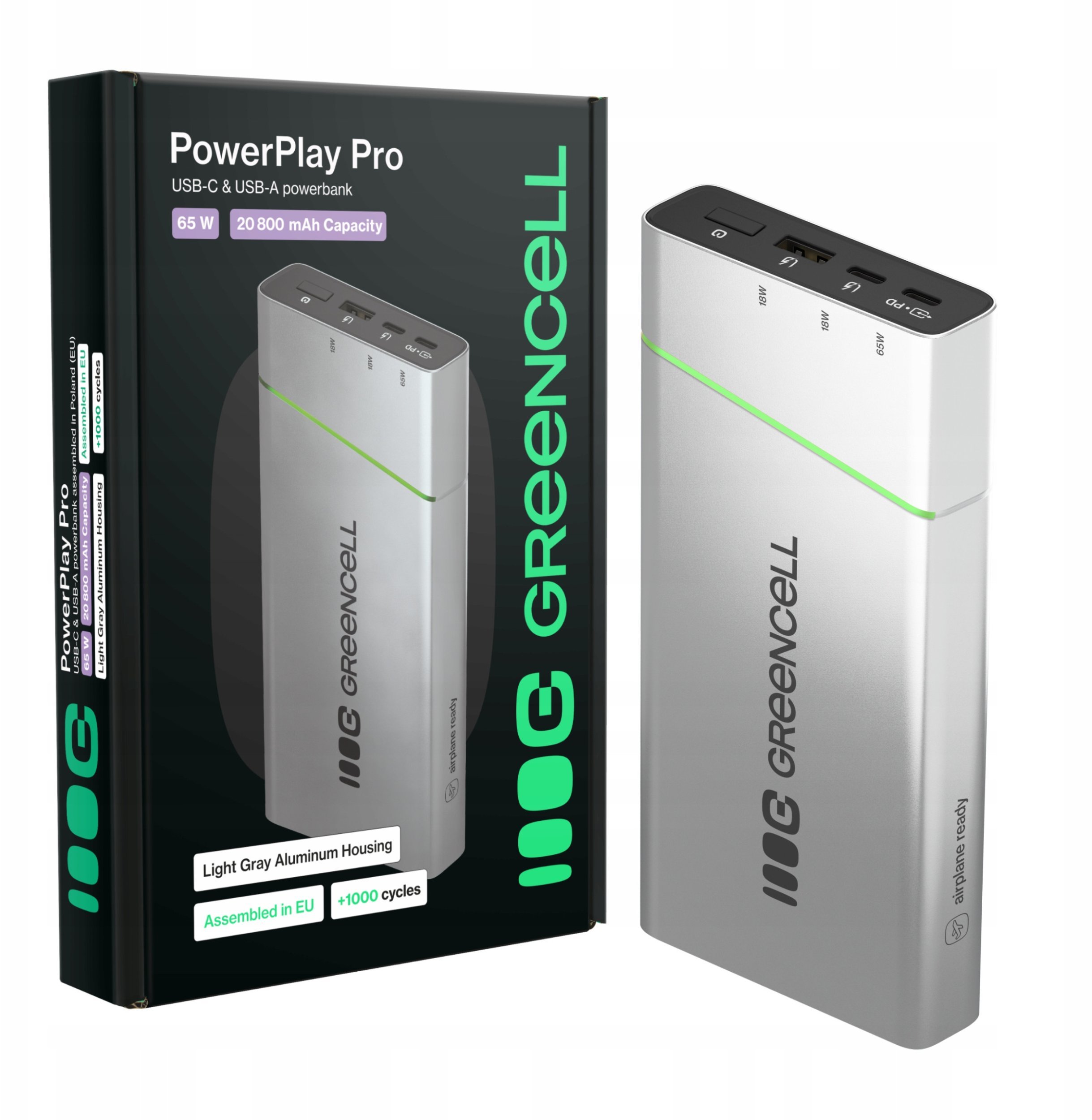 Powerbank Green Cell PowerPlayPro, 20800mAh, 65W, сребрена
