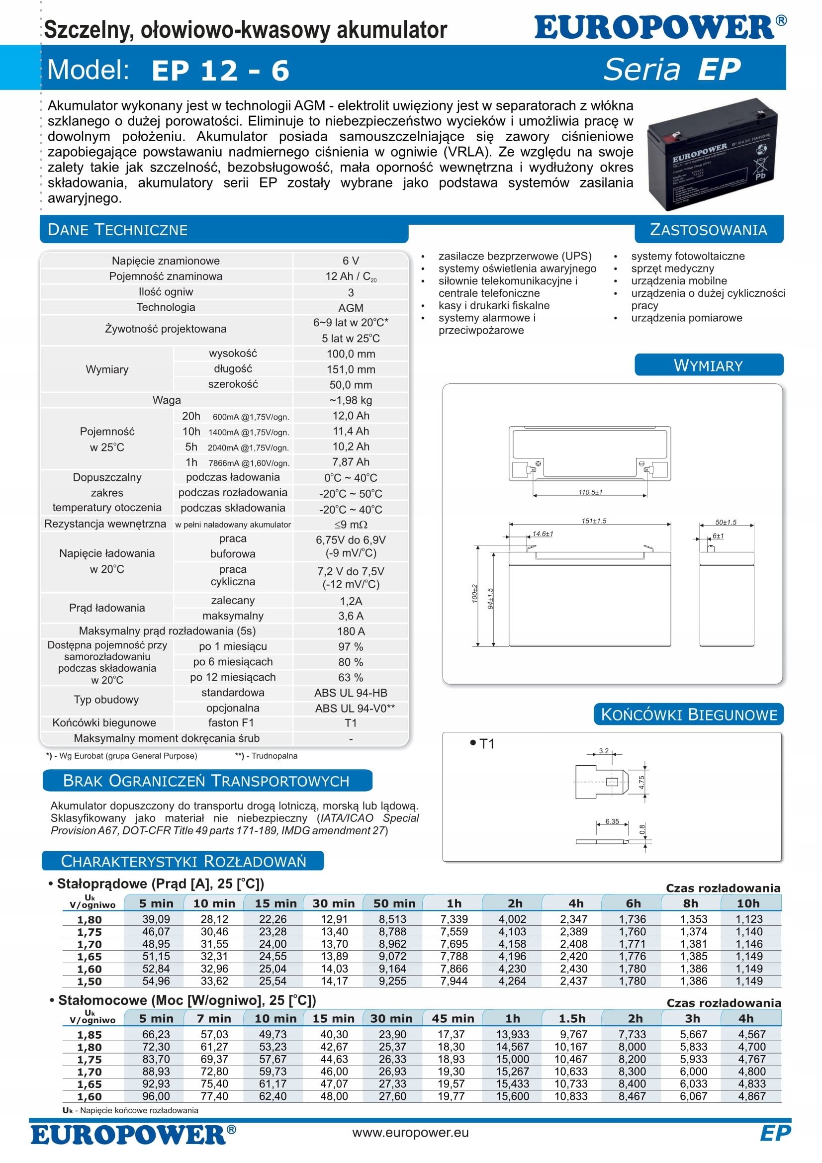 Bateri plumbi Europower EP 12-6, 6V, 12Ah, e zezë