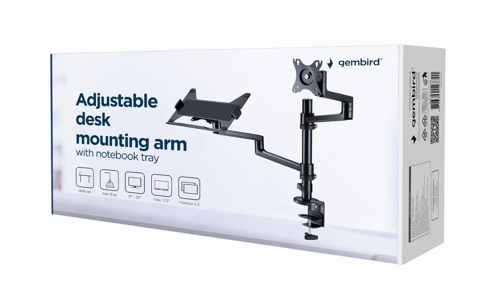 Krah montimi për monitor dhe laptop Gembird MA-DA-04, deri në 32", 17.3", i zi