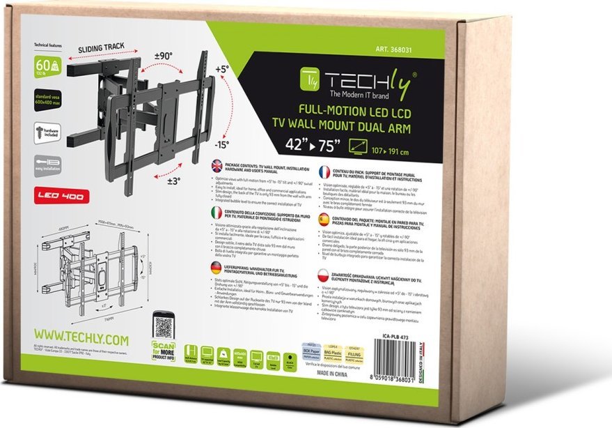 Mbajtëse muri për TV Techly ICA PLB 473, deri 75", 60 kg, e zezë