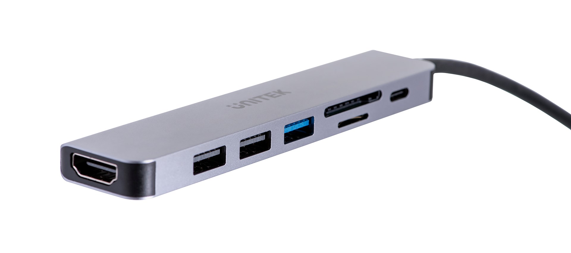 Qendër USB-C Unitek H1118A, USB-A x3, USB-C, HDMI, SD, microSD, e hirtë