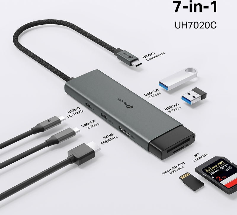 USB C хаб TP Link UH7020C, 7 порти, HDMI 4K, сива