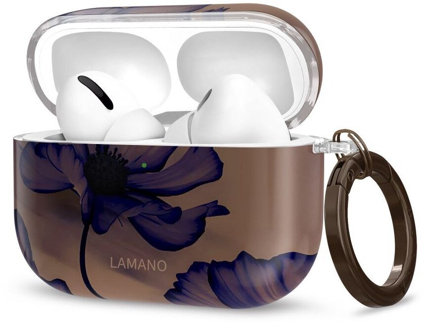 Mbulesë Tech-Protect Lamano për Apple AirPods Pro 3, PC, me karabinë, kafe me lule blu të errët