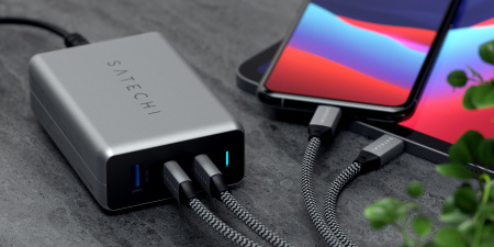 Satechi 100W USB-C PD компактен GaN полнач, двоен USB-C + USB-A