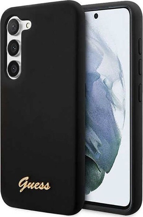 Maskë telefoni Guess Silicone Script Metal Logo për Samsung Galaxy S23 Plus, silikon, e zezë