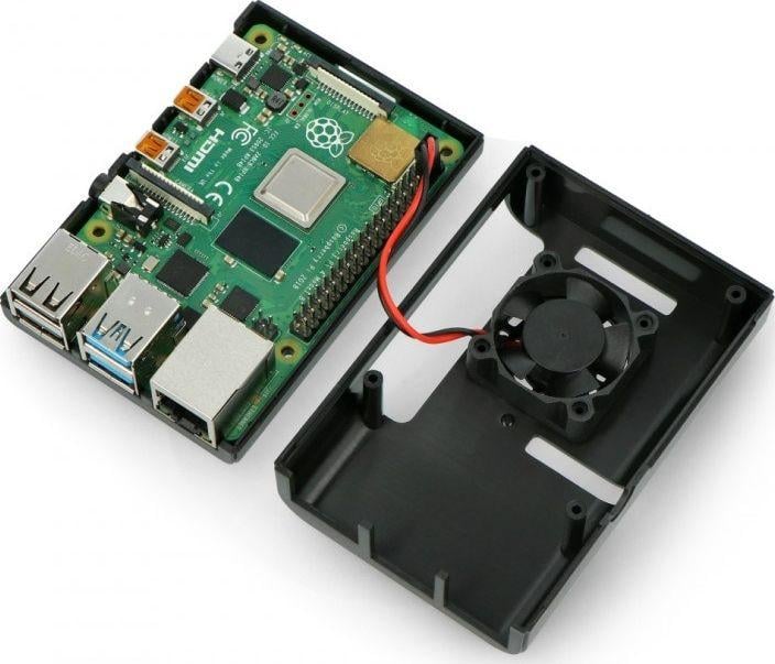 Kuti mbrojtëse JustPi për Raspberry Pi 4B, me ventilator, plastike, e zezë