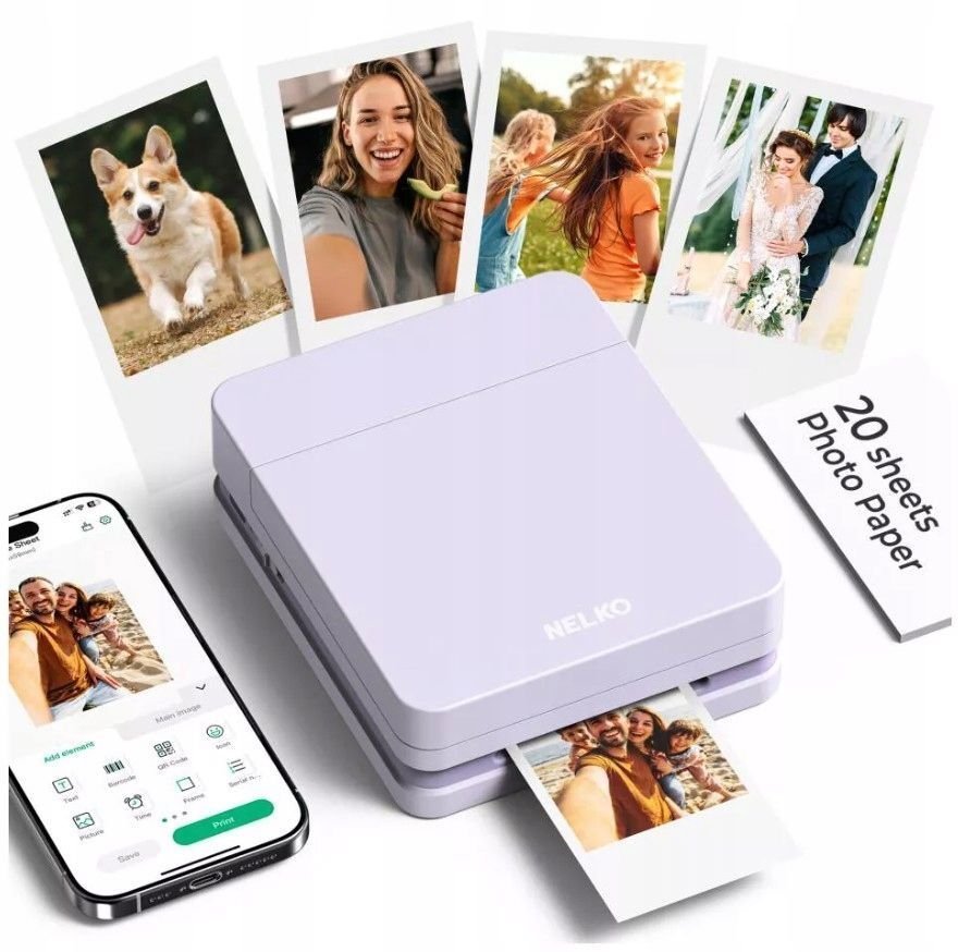 Printer portativ Bluetooth Nelko PP03, 600 dpi, printim foto me ngjyra, vjollcë