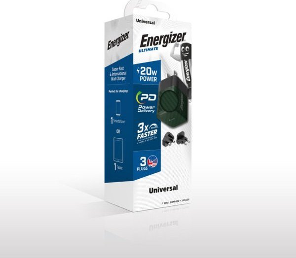 Karikues energjie Energizer Ultimate Charger, GaN 20W PD, me adapterë EU UK US, i gjelbër