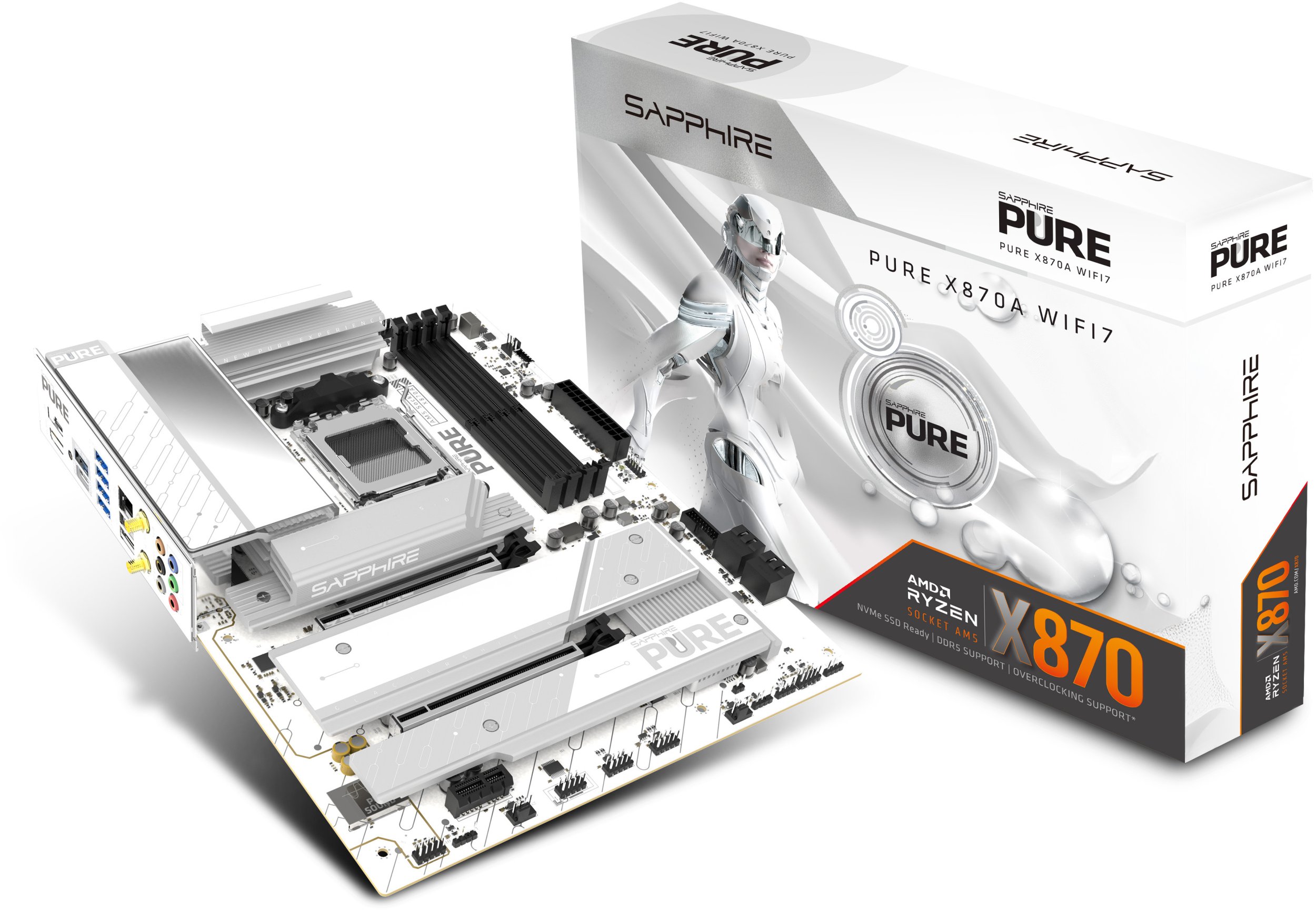 Pllakë amë Sapphire PURE X870A WIFI 7, AM5, DDR5, e bardhë