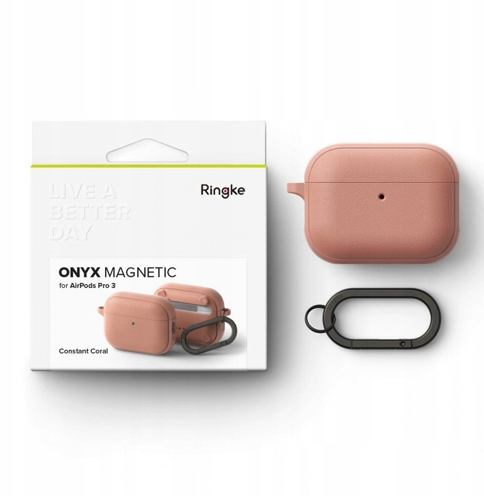 Магнетна MagSafe навлака Ringke Onyx за Apple AirPods Pro 3, TPU, со карабинер, корална боја