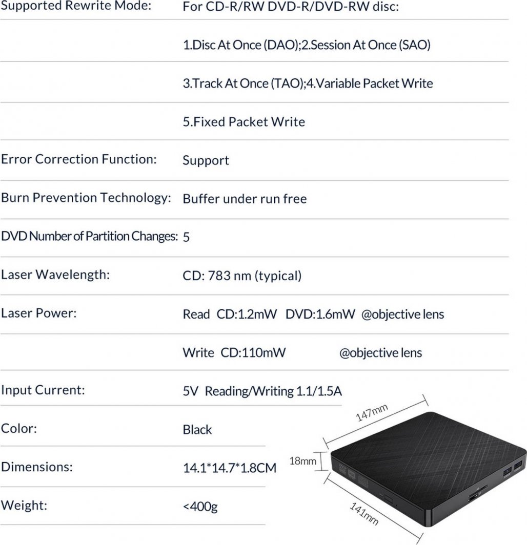 Disk i jashtëm Orico, USB 3.1,DVD-RW, i zi
