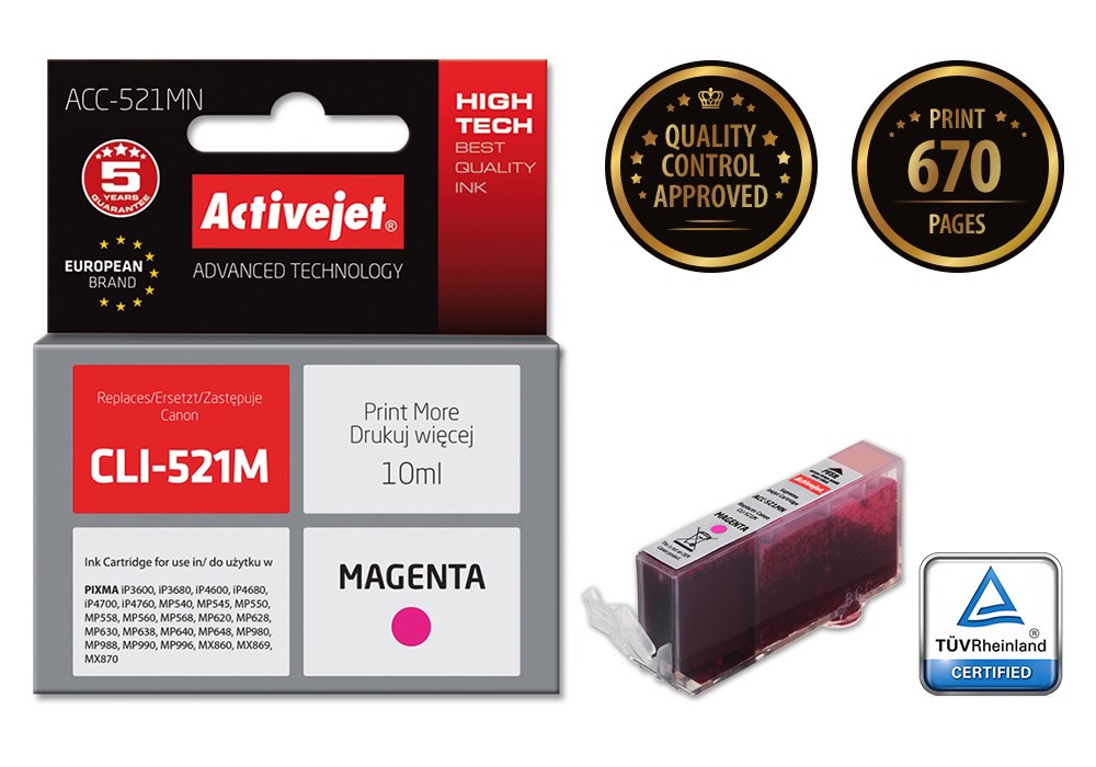 Ngjyrë për printer Activejet ACC-521MN (zëvendësim për Canon CLI-521M), 10 ml, vjollcë