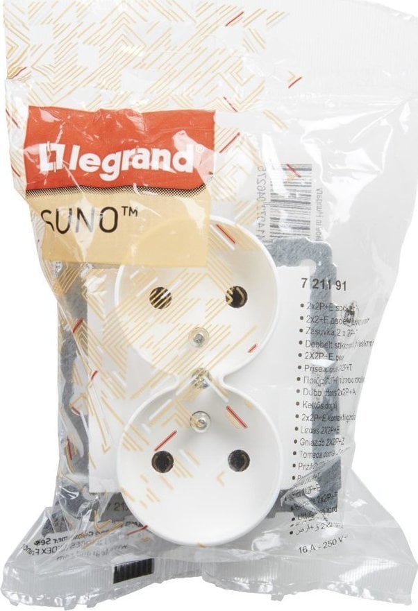 Prizë dyshe Legrand SUNO 721191, 2x2P+E, 16A 250V, e bardhë