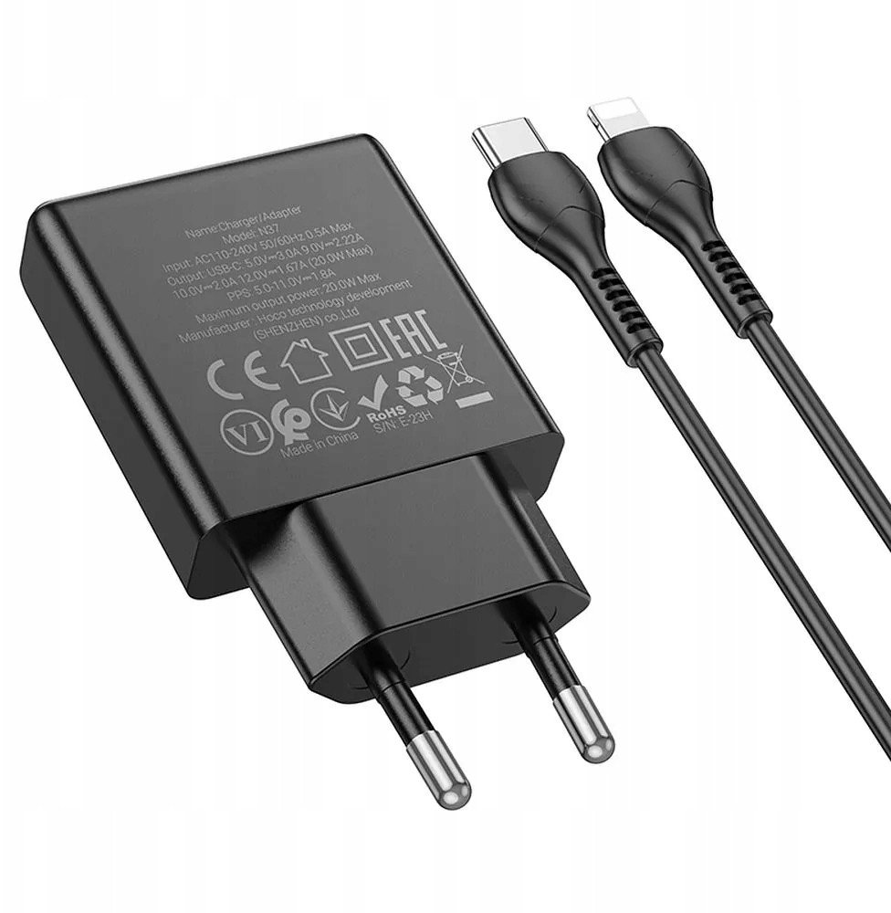 Karikues muri Hoco N37 Slim, 30W PD QC, kabllo USB C në Lightning 1m, i zi