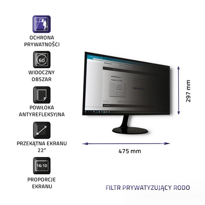 Filtër privatësie për monitor Qoltec 51056, 22", 16:10, transparent