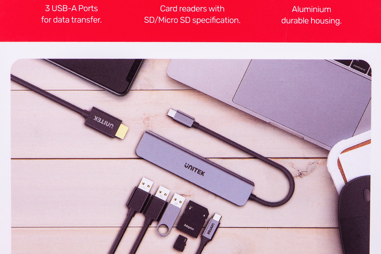 Qendër USB-C Unitek H1118A, USB-A x3, USB-C, HDMI, SD, microSD, e hirtë