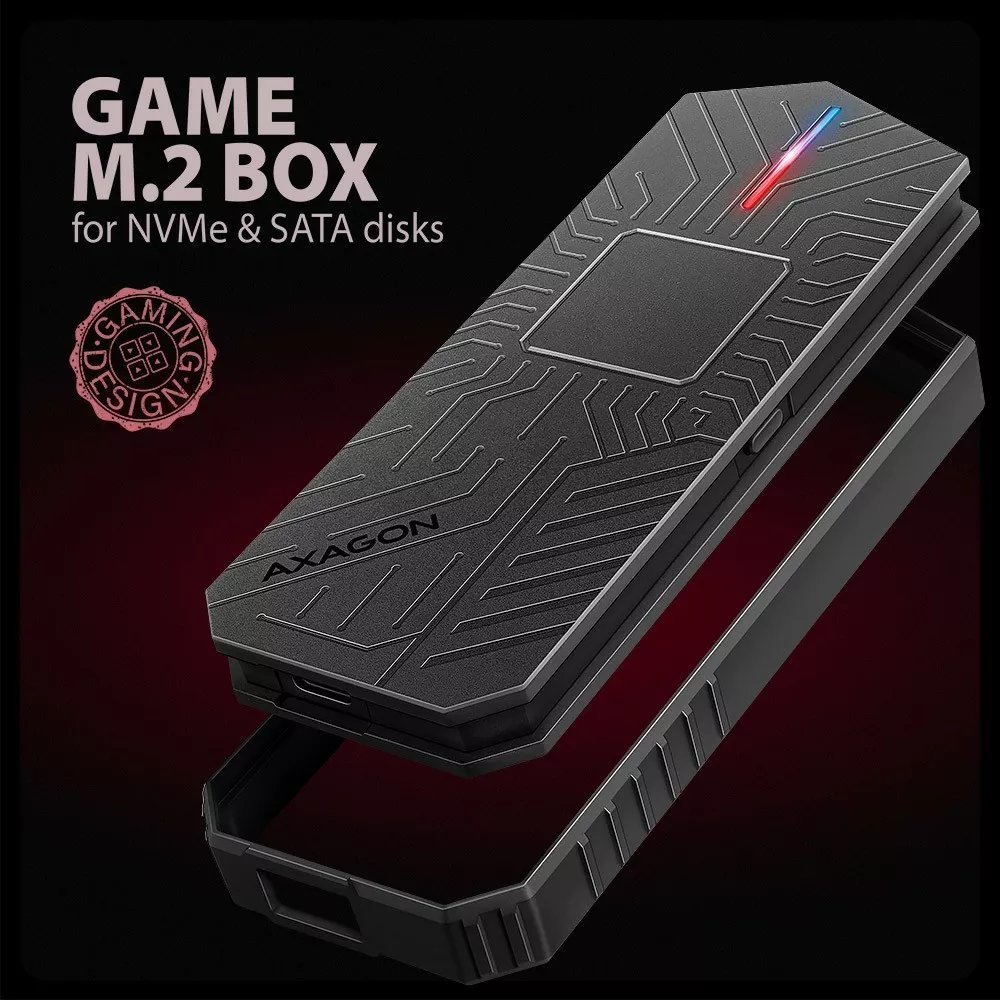 Надворешно куќиште за SSD M.2 AXAGON EEM2-GAM, USB-C 3.2 Gen 2, NVMe SATA, црно RGB