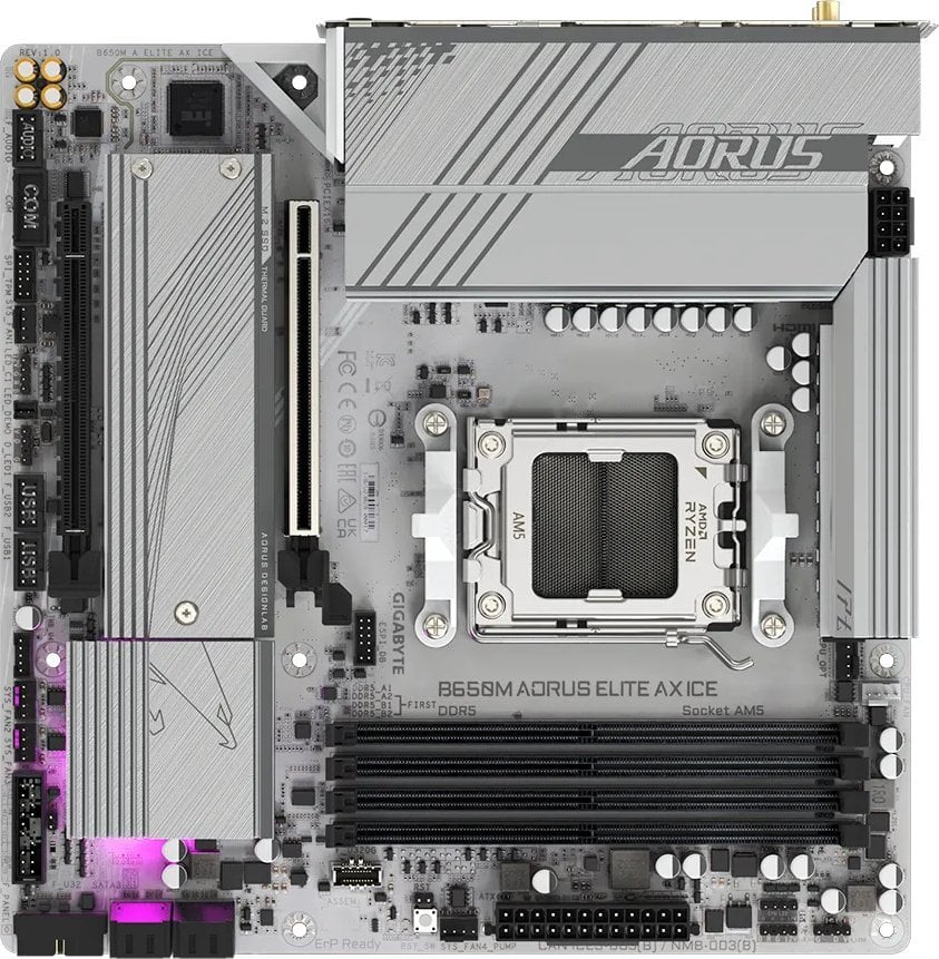 Pllakë amë Gigabyte B650M AORUS ELITE AX ICE, AMD B650, Socket AM5, 4 slota, Bluetooth, Wi-Fi 6, Micro ATX