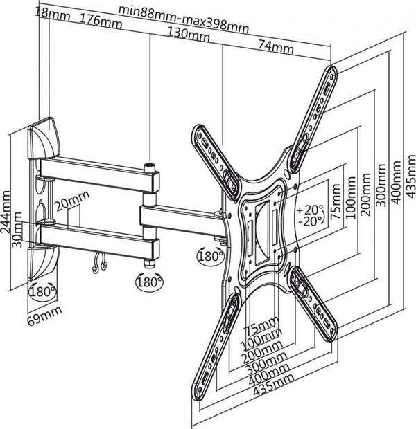 Mbajtëse televizori për mur Cabletech LPA51-443, 23 '' -55 '', e zezë