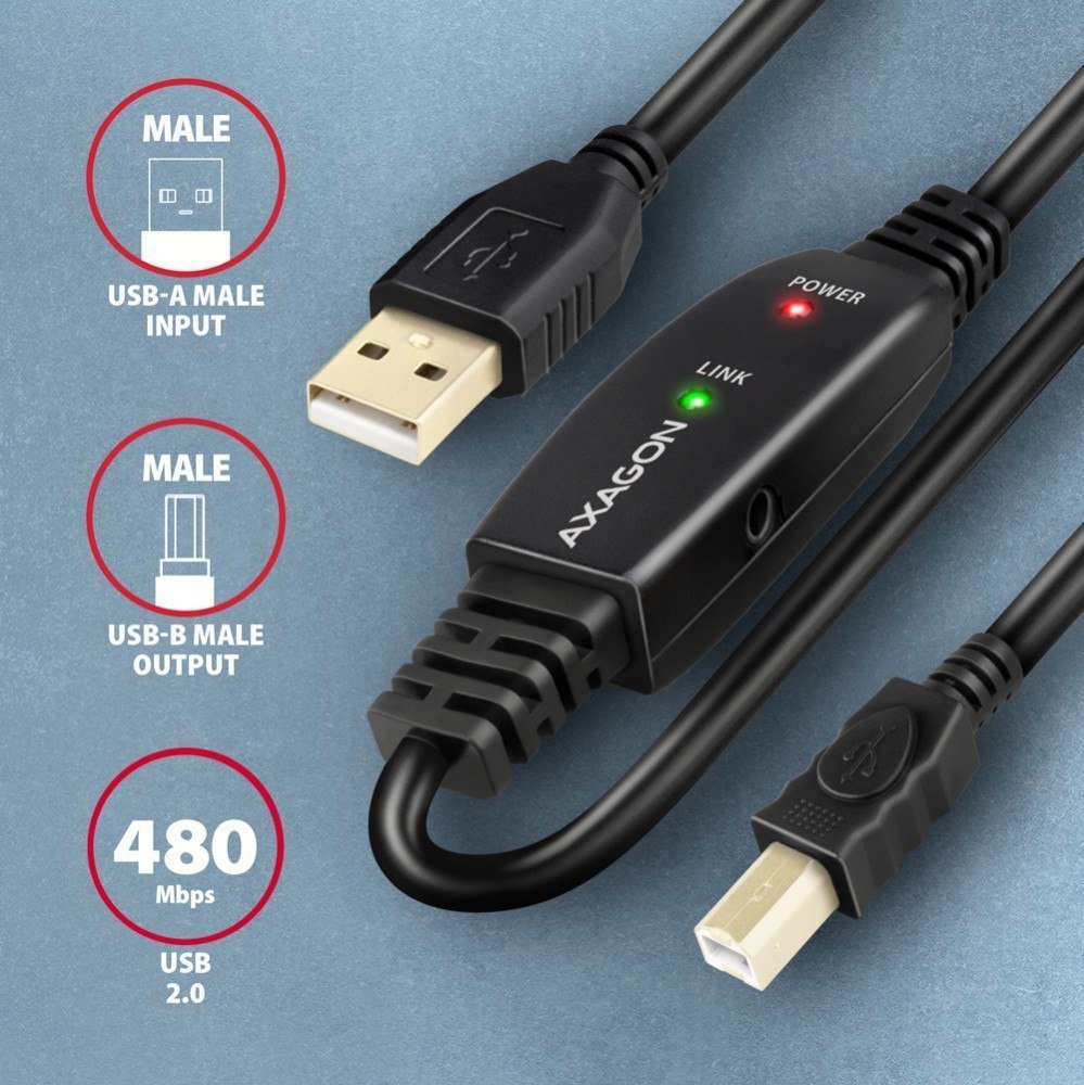 Kabllo USB Axagon ADR-210B, USB-A në USB-B, 10 m, i zi