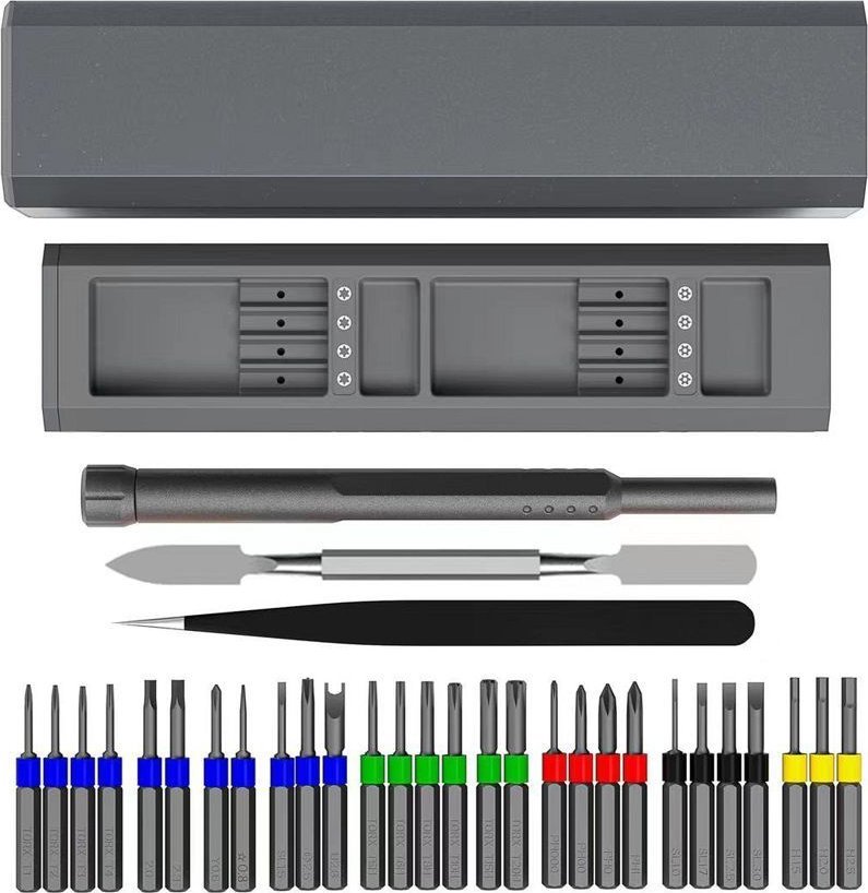 Set kaçavidash precize 30 në 1, çelik S2, dorezë alumini, gri