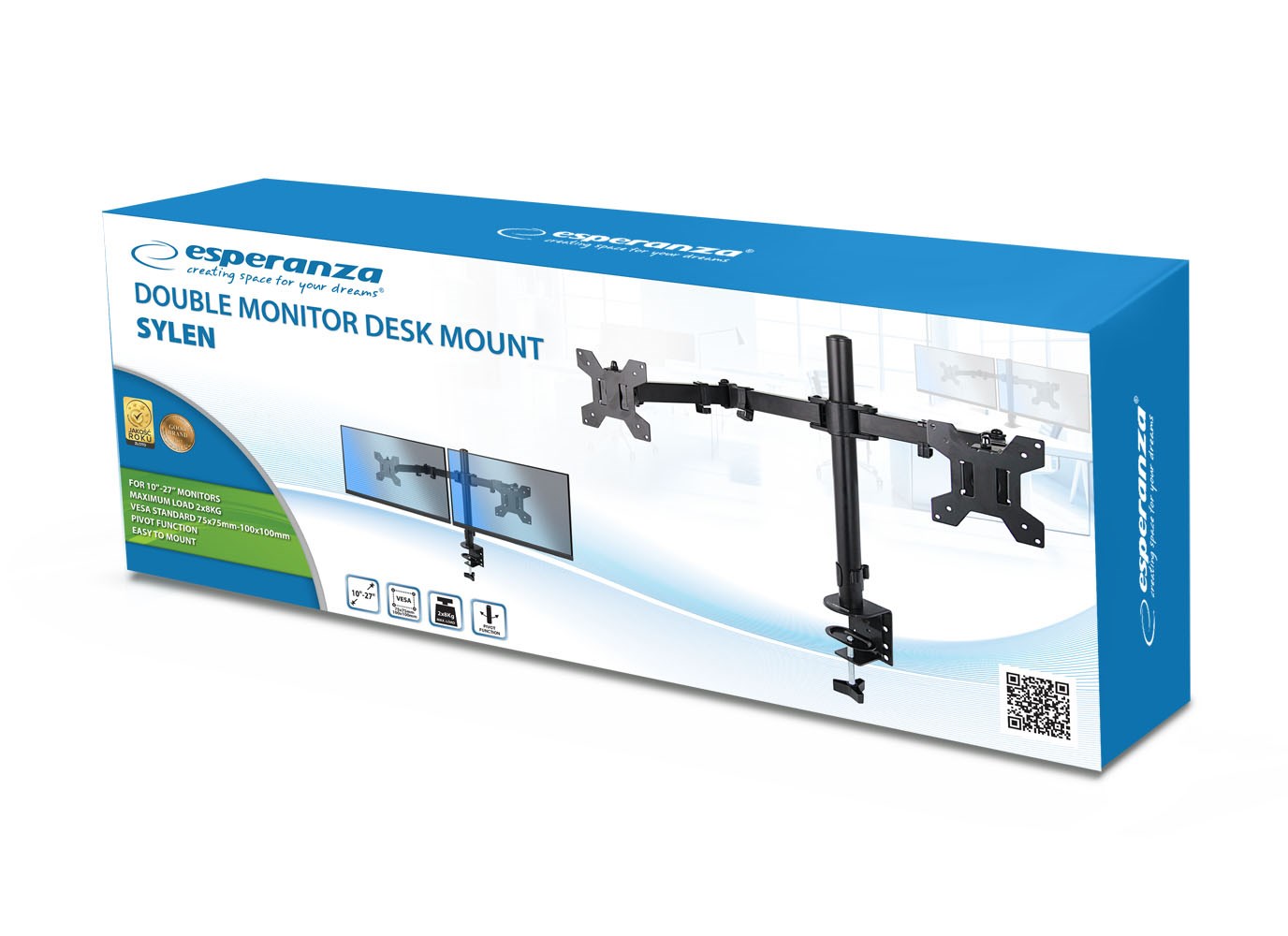 Mbajtëse tavoline për dy monitorë Esperanza Sylene, 10-27", VESA 100x100, e zezë