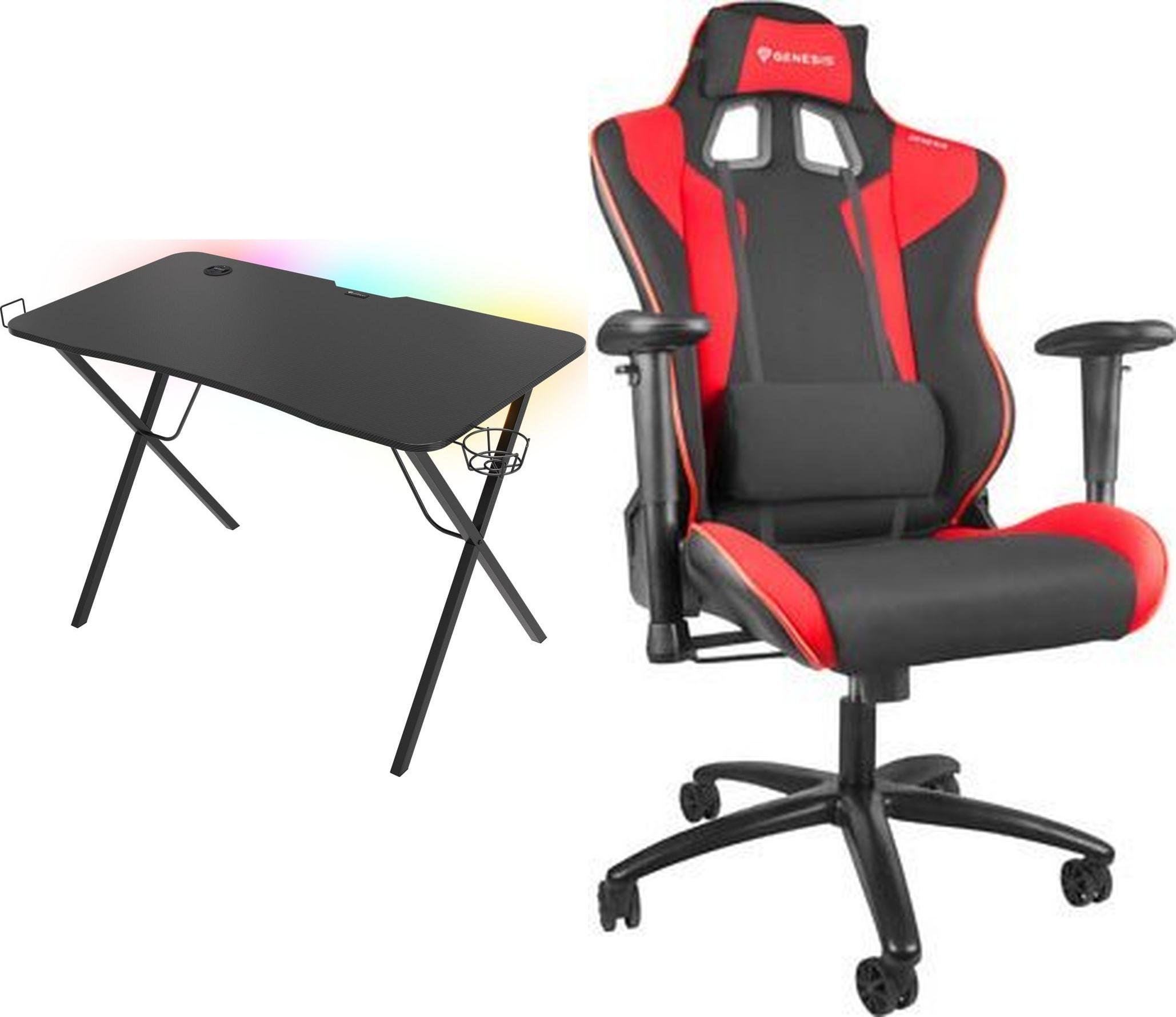 Set gaming GENESIS Holm 200 RGB Nitro 770, tryezë 113x60 cm, karrige ergonomike, e zezë e kuqe