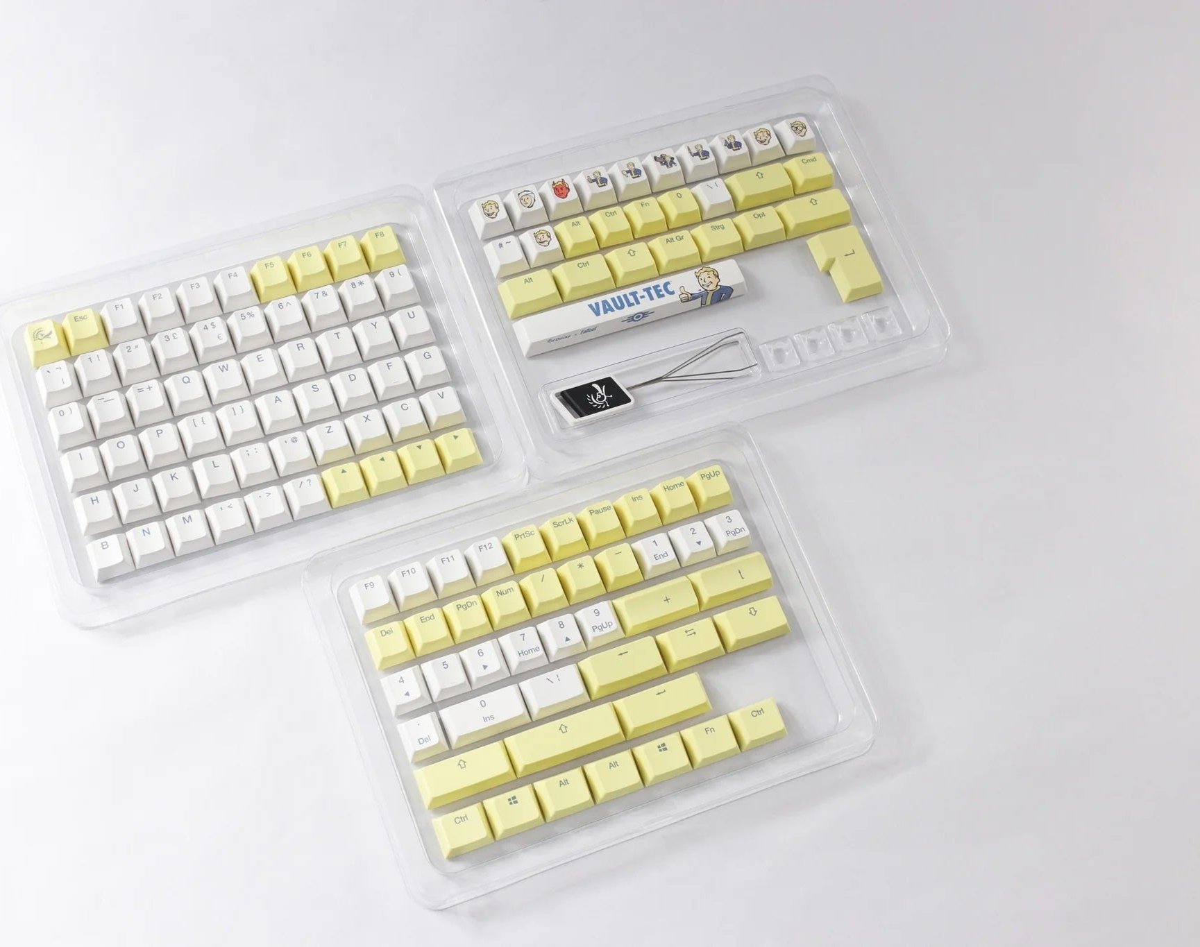 Set keycaps tastiere Ducky X Fallout, 132 taste PBT Cherry profile, UK ISO, e bardhë e verdhë