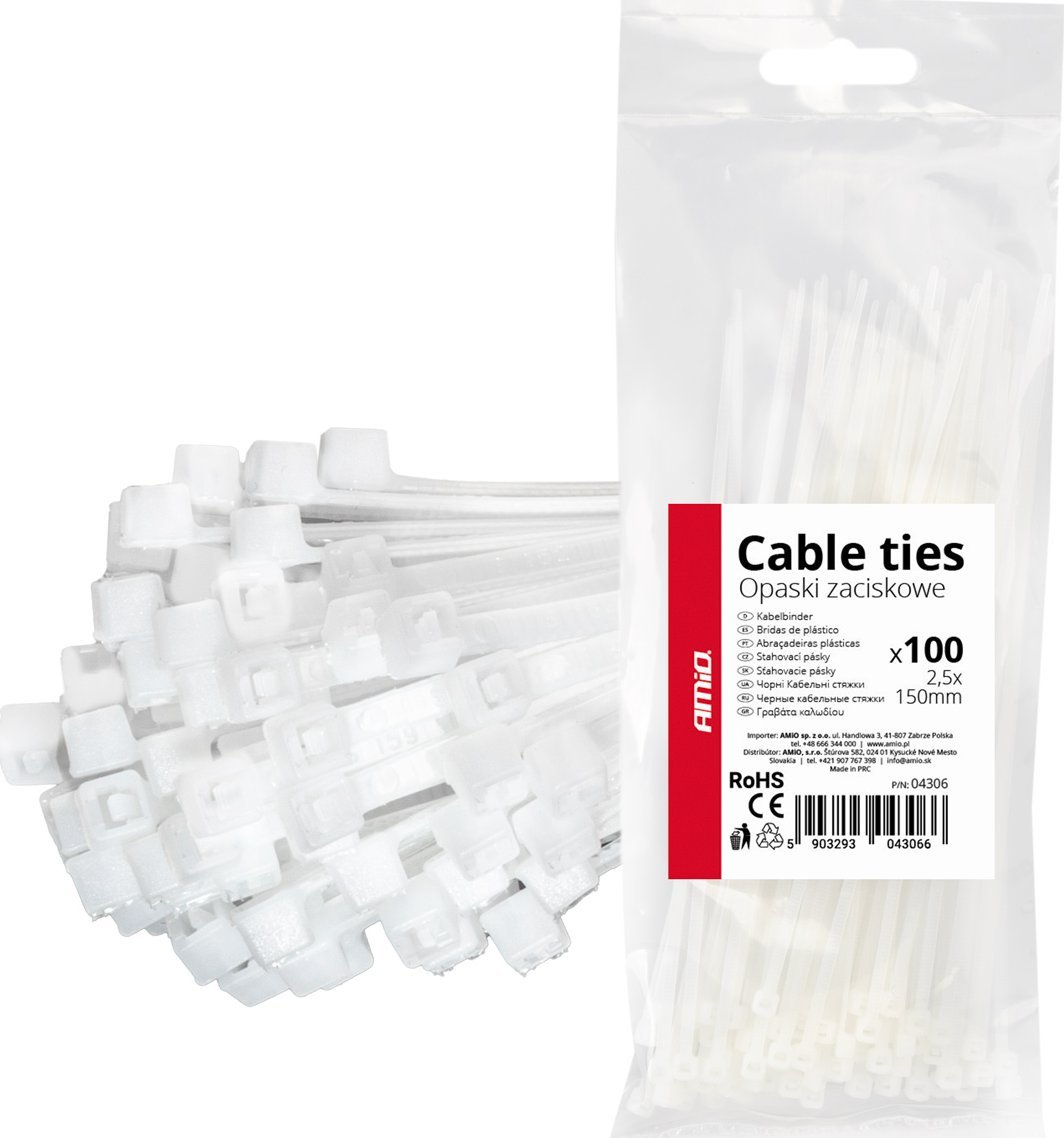 Lidhëse kabllosh AMiO 04306, 2.5×150mm, set 100 copë, të bardha