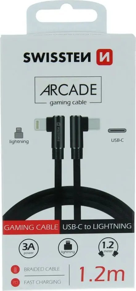 Kabllo karikimi Swissten Arcade, USB C në Lightning, 1.2m, 3A, e zezë