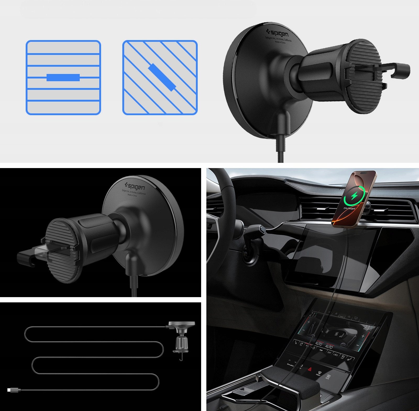Mbajtëse veture me karikues wireless Spigen OneTap Pro 4 MagSafe, për grilë ajri, i zi